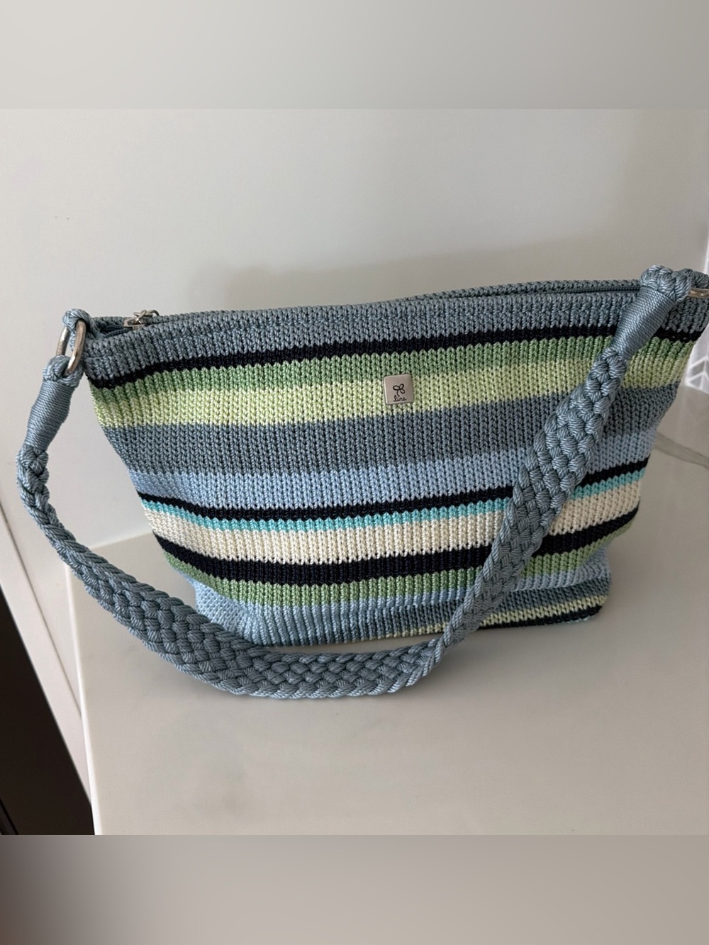Lina Striped Knit Shoulder Bag in Blue, Green & Cream